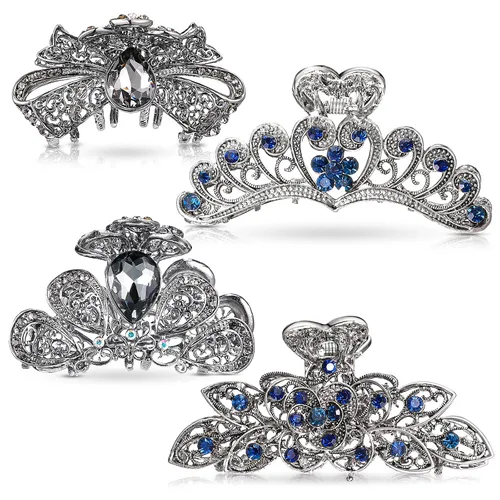 Chuangdi 4 pinzas para el cabello con diamantes de imitación de cristal vintage, pinza de metal con diamantes de imitación brillantes con purpurina,