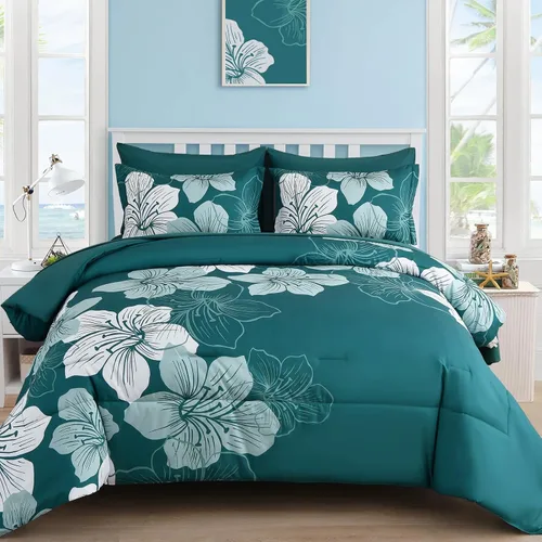 Miniatura 26 de Luxudecor Juego de edredón azul marino, tamaño Queen, 7 piezas de cama en una bolsa, juego de edredón floral azul marino y juego de sábanas, juego