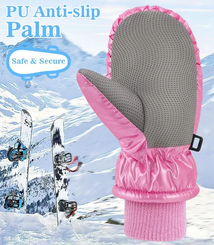 Miniatura 4 de MoKo Guantes de nieve para niños pequeños, guantes cálidos de forro polar coral para niños con hebillas de unión, guantes de esquí impermeables