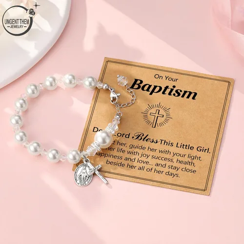 Miniatura 5 de UNGENT THEM Pulsera de perlas con cruz de rosario, bautismo, comunión, confirmación católica, regalos de Pascua para niñas, nieta, hija, sobrina