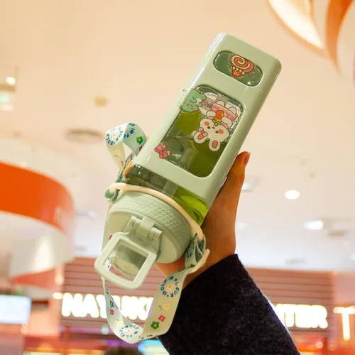 Miniatura 7 de Botella de agua Kawaii para niños, lindas botellas de agua con pajilla, botella portátil cuadrada para beber, jarra de agua a prueba de fugas