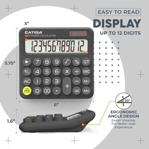 Miniatura 2 de Calculadora CATIGA con interruptor mecánico con energía dual solar y batería, pantalla LCD grande de 12 dígitos, calculadora de escritorio estética