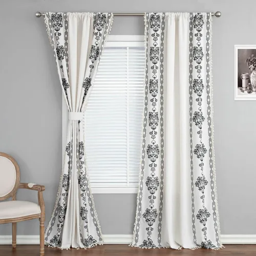 Miniatura 2 de VOGOL Cortinas bohemias de 84 pulgadas de largo, cortinas decorativas con textura de lino para sala de estar, patrón de flores negras, bolsillo