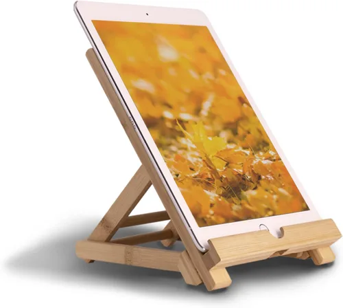 Miniatura 6 de Healfyya Soporte para tableta de bambú - Soporte plegable ajustable para iPad con puerto de carga para escritorio o cocina