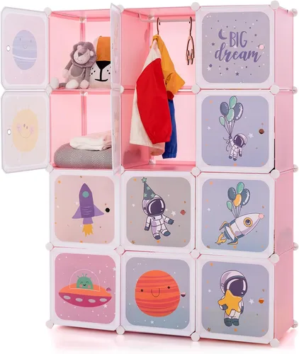 Miniatura 15 de INFANS Armario para niños, armario portátil para bebé, lindo para dormitorio de niños, armario de guardería con puertas, 12 cubos, 2 secciones