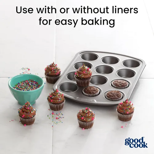 Miniatura 7 de GoodCook Everyday - Molde para muffins de acero antiadherente para 12 tazas, color gris