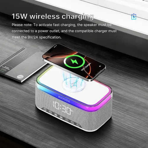 Miniatura 4 de Altavoz Bluetooth S300, altavoz portátil inalámbrico con carga inalámbrica de 15 W, luz nocturna de 13 colores, alarma, estéreo de 16 W, TWS, BT5.3