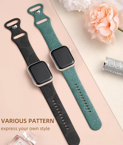 Miniatura 2 de Odbeai Correa deportiva de silicona suave con grabado floral compatible con Apple Watch de 1.496 pulgadas, 1.575 pulgadas, 1.614 pulgadas, 1.654