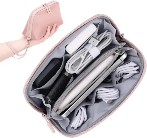 Miniatura 20 de FYY Organizador de cables de viaje, 8 compartimentos, bolsa tecnológica ligera resistente al agua con correa para la muñeca, funda portátil