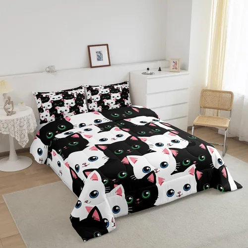 Miniatura 2 de Feelyou Juego de edredón para niños, diseño de gatos de dibujos animados, tamaño twin, lindo juego de ropa de cama de gatitos para adolescentes