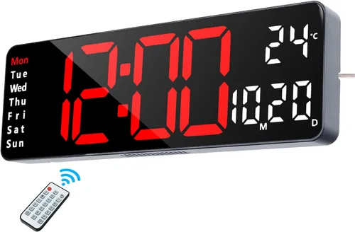 Miniatura 8 de Lafocuse Reloj de pared digital silencioso de 13 pulgadas, pantalla grande verde con fecha y semana, reloj LED con control remoto para decoración