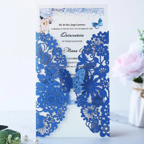Miniatura 3 de Hosmsua 50 invitaciones de quinceañera de mariposa azul rey y sobre de 5.12 x 7.3 pulgadas, corte láser, flora de encaje, invitación de quinceañera