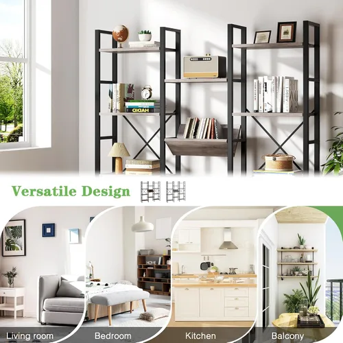 Miniatura 3 de Estantería triple ancha de 4 niveles, 11 estantes abiertos, de pie, estantes ajustables para el hogar, sala de estar, dormitorio, gris