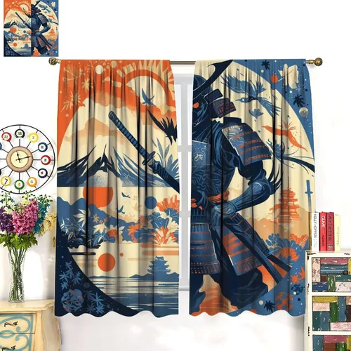 Miniatura 3 de Asian Japanese Samurai Blackout Curtains, Watercolor Floral Sun Mountain Art Style Window Drapes, for Kid Teens Boys Man Living Room Bedroom 42" W X