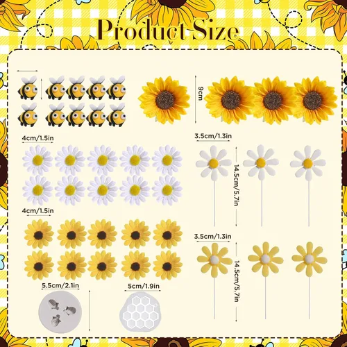 Miniatura 3 de RAYNAG 44 decoraciones para pasteles de abeja y girasol, juego de adornos de pastel de abeja de girasol para decoraciones de fiesta de cumpleaños