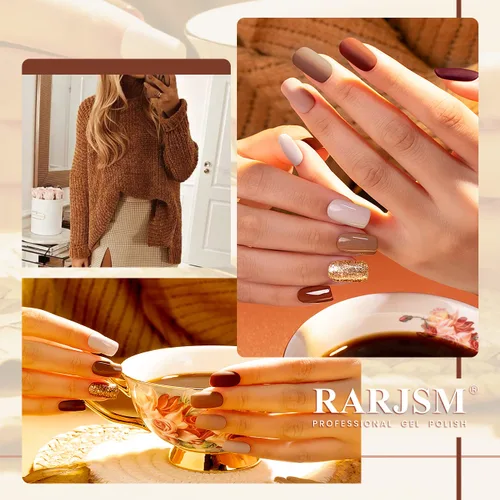 Miniatura 3 de RARJSM Juego de 6 esmaltes de uñas de gel, color marrón, café, vino, borgoña, nude, morado, rosa, champán, dorado, purpurina, para invierno, secado