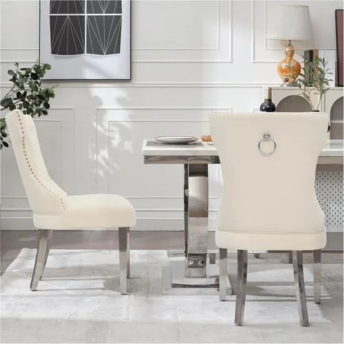 Miniatura 7 de adochr Juego de 2 sillas de comedor de terciopelo, sillas de cocina tapizadas con patas de metal, respaldo abotonado moderno con anillo de tracción