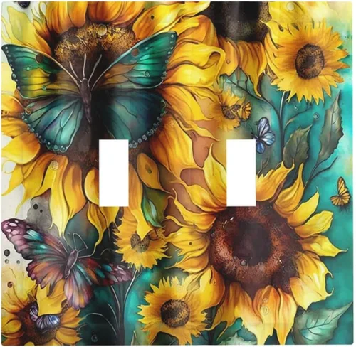 Girasoles Amarillos Verde Azulado Mariposa Cubierta de Interruptor de Luz de Doble Palanca Decorativa Placa de Pared de 2 Gang Rústica Botánica