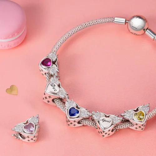 Miniatura 2 de NINGAN Birthstone Charms for Charms Bracelet, Angel Wings 925 Sterling Silver Love Heart Bead Pendant Birthday Christmas Jewelry Gift for Women
