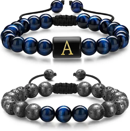 Pulseras de cuentas con iniciales para hombres, regalos de 0.315 in, ojo de tigre, piedra de lava y roca para hombre, pulsera de cuentas de yoga