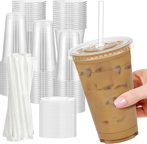Dealusy Paquete de 100 unidades - Vasos de plástico transparente de 24 onzas con tapas y pajitas, vasos de café helado resistentes y aptos para