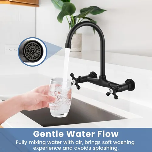 Miniatura 2 de Airuida Grifo de fregadero de cocina de montaje en pared negro mate, grifo de cocina montado en la pared, centro de 8 pulgadas, asas cruzadas