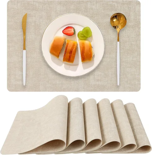 Juego de 6 manteles individuales de piel sintética (beige) | Heat Resistant Wipeable Washable Place Mats, Waterproof Anti-Slip Dining Table Mats,