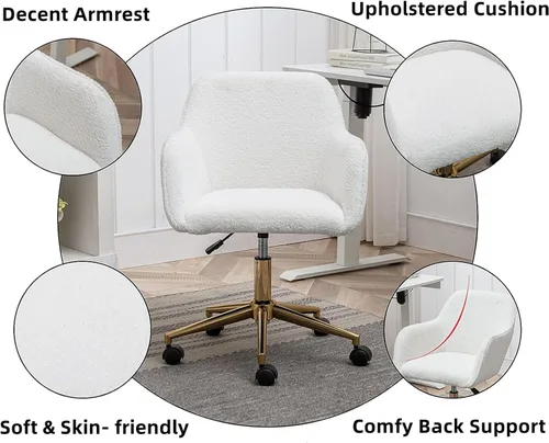 Miniatura 5 de Silla de escritorio esponjosa, silla de tocador de piel sintética blanca, silla giratoria de oficina para niñas y mujeres, altura ajustable, lindas