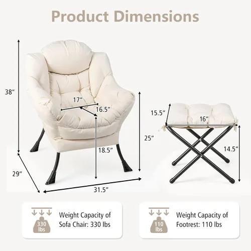 Miniatura 3 de Giantex Silla perezosa con otomana, sofá decorativo con reposapiés plegable, bolsillo de almacenamiento lateral, sillón tapizado de ocio con Beige