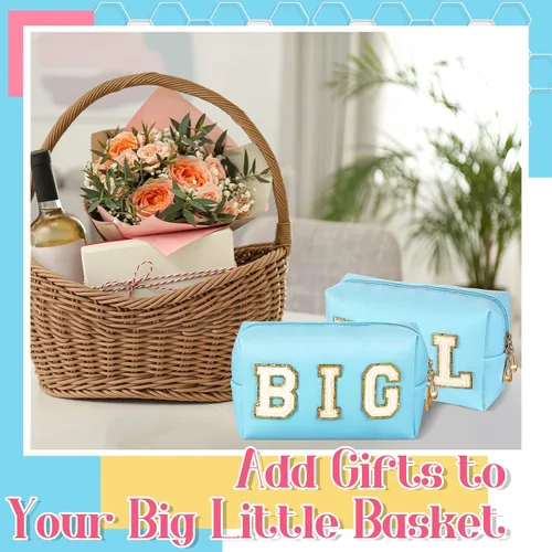 Miniatura 4 de Hillban 2 piezas Big Little Sorority Gifts Preppy Bolsa de cosméticos de piel sintética con parche de letras, bolsa de maquillaje portátil con bolsa