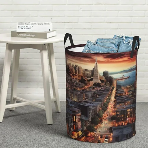 Miniatura 8 de Cesta circular con estampado de San Francisco, impermeable, cesta organizadora de lavandería, con asas, para ropa, juguetes, pequeña