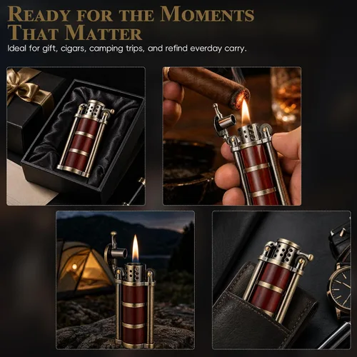 Miniatura 8 de Encendedor de queroseno vintage con rueda de pedernal con funda de palisandro, latón antiguo a prueba de viento, encendedor de gasolina fresca bronce