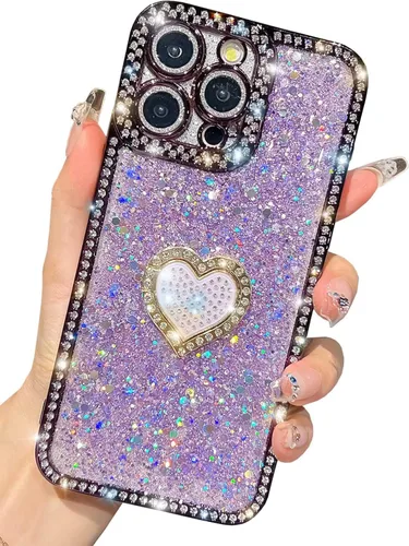 Miniatura 8 de Bling Glitter Heart compatible con iPhone 13 Pro de 6.1 pulgadas, bonito protector de cámara completo brillante para mujer, funda de teléfono Oro