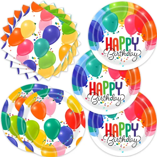 Juego de 40 platos de papel coloridos para cumpleaños, globos multicolores, juego de platos y servilletas de feliz cumpleaños, decoraciones