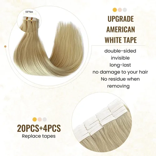 Miniatura 3 de Extensiones adhesivas rubias de cabello humano brasileño grado 9A, #60 rubio platino, cinta en 12 pulgadas, 20 unidades por juego, extensiones