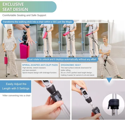 Miniatura 7 de Ta-Da Chair Series 1 Pro, Portable Trekking Hiking Pole, Folding Walking Stick with Seat, Walking Cane with Chair, Foldable Chair, Lightweight Rojo