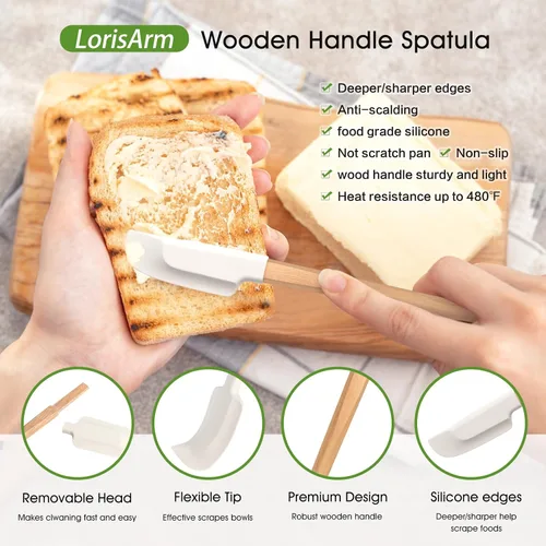 Miniatura 5 de LorisArm Espátulas de madera de mango largo, espátulas de silicona raspadoras de goma de 12 y 9 pulgadas para frasco, licuadora, botella.