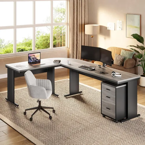 Miniatura 8 de LITTLE TREE Escritorio ejecutivo grande de 82.67 pulgadas de largo en forma de L para computadora con archivador móvil de 3 cajones, mueble