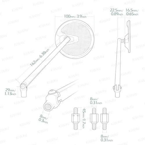 Miniatura 4 de KiWAV Aftermarket - Espejos retrovisores laterales redondos Mamba real fibra de carbono negro convexo ajustable M8 0.315 in 1.25 adaptadores de paso