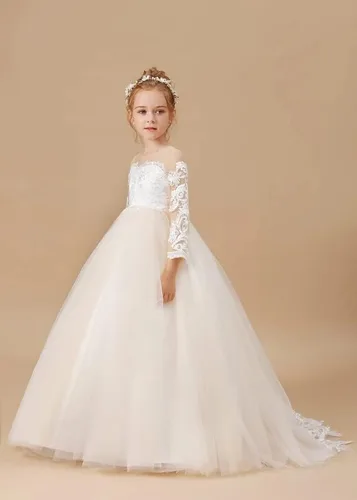 Miniatura 4 de Melinda - Vestidos de flores para niñas, apliques de encaje, tul de manga larga, vestido largo de princesa para boda, concurso