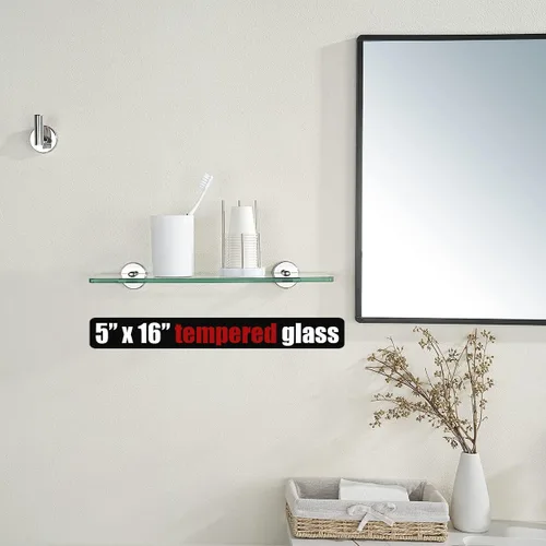 Miniatura 2 de JQK Estante de cristal para baño cromado, almacenamiento de ducha de vidrio templado de 16 x 5 pulgadas, montaje en pared cromado pulido de acero
