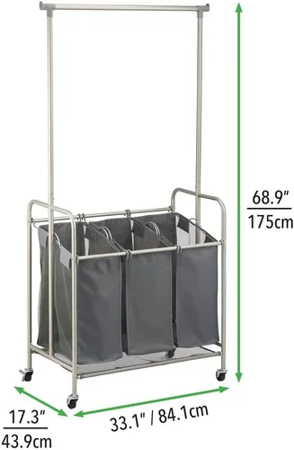 Miniatura 5 de mDesign Clasificador de ropa portátil con ruedas y barra para colgar ropa, sistema de carrito de metal resistente con 3 cestas organizadoras