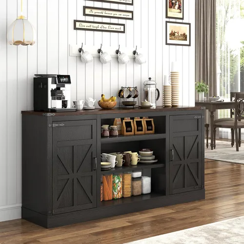Miniatura 5 de Hlivelood Mueble de TV Estilo Granja de 66" con Tomas de Corriente para TVs de 75 Pulgadas, Centro de Entretenimiento de 33" de Alto con Gabinetes