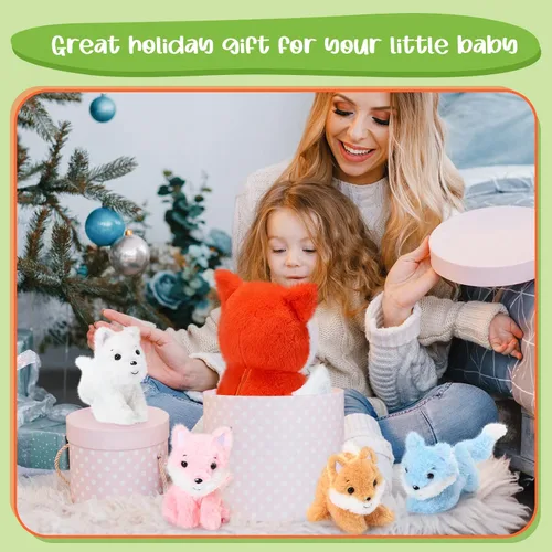 Miniatura 6 de HyDren Juego de 5 juguetes de peluche de zorro de 14 pulgadas con 4 lindos zorros de peluche en el abdomen, suaves peluches de zorro para baby