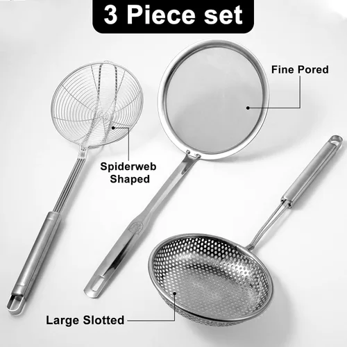 Miniatura 2 de Juego de 3 cucharas de colador y espumadera de araña, cucharón de acero inoxidable, tamiz de alambre de metal, agujeros grandes, colador ranurado