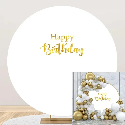 Telón de fondo redondo de cumpleaños blanco con texto en inglés "Happy Birthday", color blanco y dorado, para decoración de mesa de tartas, para