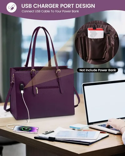 Miniatura 6 de LOVEVOOK Bolsa para laptop para mujer, bolsa de trabajo para laptop de 15.6 pulgadas, maletín grande de cuero impermeable para oficina, beige y negro