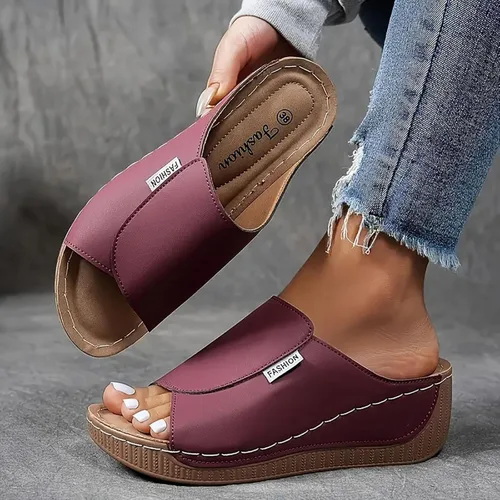 Miniatura 6 de Sandalias de cuña para mujer, puntera abierta, soporte de arco, calzado ortopédico para caminar, zapatos elegantes de suela suave sin cordones Vino