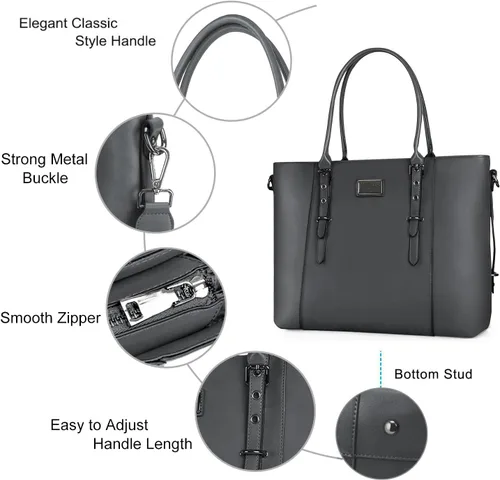 Miniatura 4 de MOSISO Bolso de mano de piel sintética para laptop para mujer (17-17.3 pulgadas), impermeable de gran capacidad, maletín de trabajo de negocios, Gris