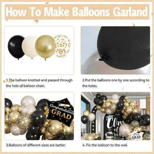 Miniatura 3 de Kit de arco de guirnalda de globos negro, blanco y dorado, arco de guirnalda de arena blanca perla metálica champán con globos de confeti